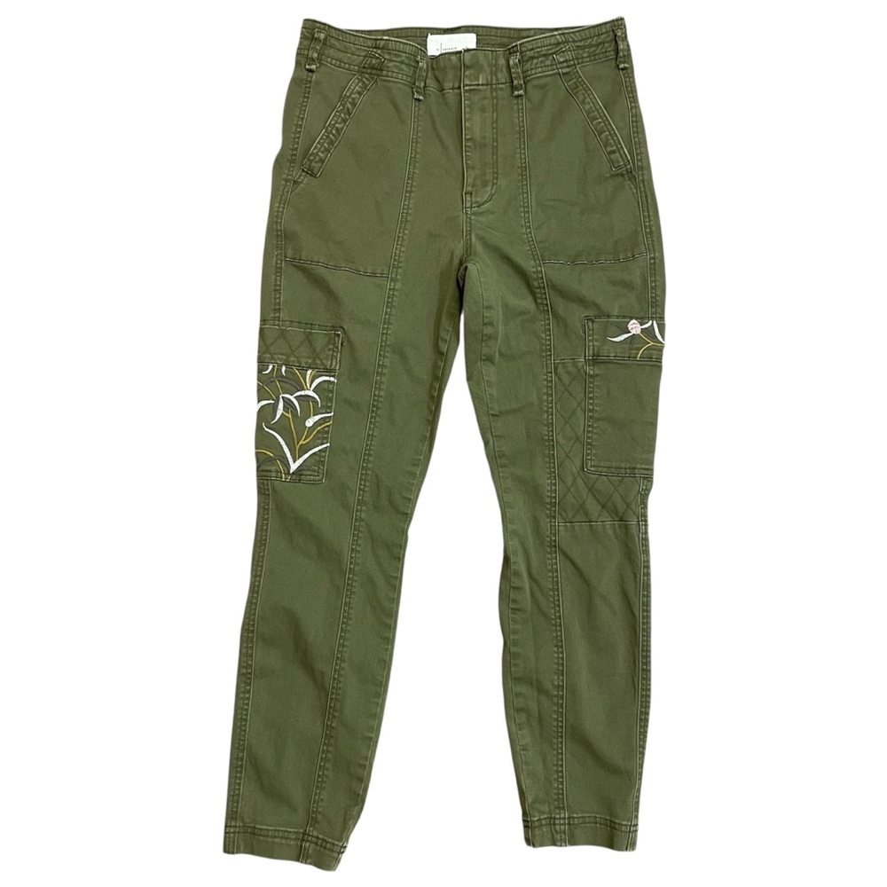 Anthropologie Green Embroidered Cargo Pocket Skinny Leg Crop Ankle Jeans